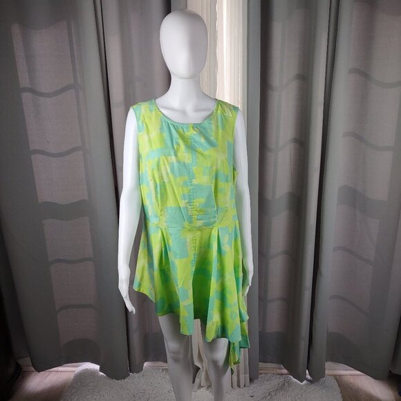 Lane Bryant Plus Size 16 Hi-Low Sleeveless Dress Green Blue Abstract Cotton - Picture 2 of 13